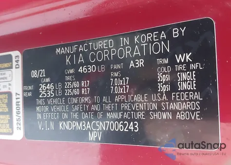 2022 Kia Sportage Lx z USA, uszkodzony, nr VIN KNDPM3AC5N7006243